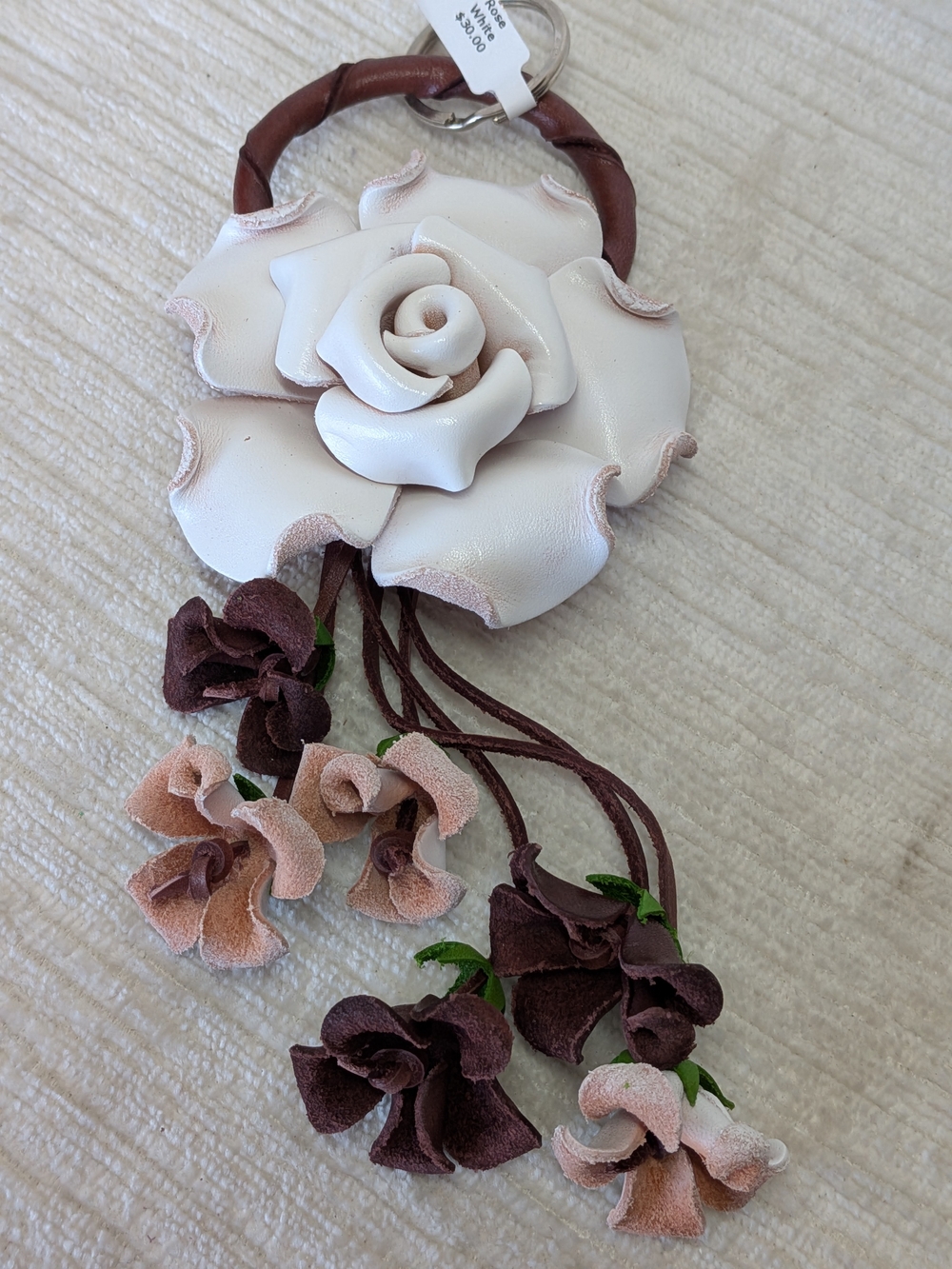 Leather Rose Floral Keychain Bag Charm - White & Brown 8"